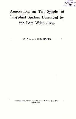 Imagen del vendedor de Annotations on Two Species of Linyphiid Spiders Described by the Late Wilton Ivie a la venta por ConchBooks