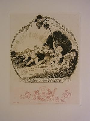 Exlibris für Valerie Hediger. Motiv: Vier Kinder mit Blumen. Original-Radierung mit Remarque