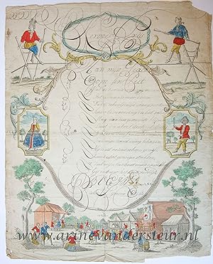 [Kermis Brief / Fair Wish Card, 1790] Pieter Sijmons Olie. Hand colored wishcard with a village s...