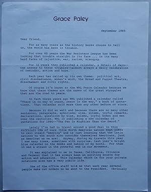 Grace Paley. War Resisters League Promotional Letter