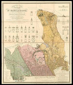 Imagen del vendedor de Topographical Survey of the Borough of St. Marylebone, as incorporated & defined by Act of Parliament 1832. Embracing & Marking the Boundaries of the Parishes of St Marylebone, St Pancras, & Paddington: also the extents and limits of the Principal Landed Estates with the Borough: and Plans & Elevations of the Buildings. Engraved by B.R. Davies, from Surveys & Drawings by J.A. Bartlett under the direction of John Britton F.S.A &c. &c. &c. Inscribed to the Dukes of Bedford, Portland, & St. Ablans, The Marquis Camden, The Lord Bishop of London, Lords Mansfield and Southampton, E.B. Portman, Esq. & other Landed Proprietors. a la venta por Daniel Crouch Rare Books Ltd