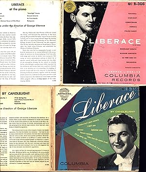 Image du vendeur pour Liberace at the piano, AND Liberace by Candlelight (A PAIR OF TWO-DISC, 7-INCH VINYL EP SETS IN GATEFOLD CARDBOARD SLEEVES -- FOUR DISCS FOR A TOTAL OF 16 SELECTIONS) mis en vente par Cat's Curiosities