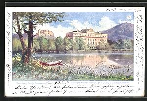 Künstler-Ansichtskarte Salzburg-Leopoldskron, Uferblick mit Schloss