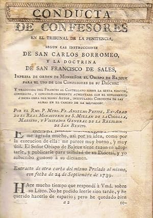 Seller image for CONDUCTA DE CONFESORES EN EL TRIBUNAL DE LA PENITENCIA. Segn las instrucciones de San Carlos Borromeo y la doctrina de San Francisco de Sales * CONDUCTA DE LAS ALMAS EN EL CAMINO DE LA SALVACIN. Para servir de suplemento a la Conducta de los confesores. 2 Vols. for sale by Librera Torren de Rueda