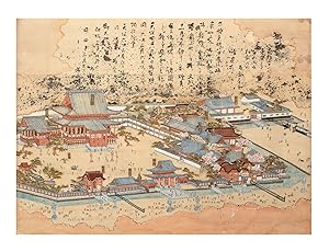A beautifully illustrated scroll on paper, depicting the Higashi Hongan-ji Temple complex in Kyot...