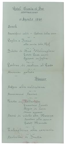 MENU MANOSCRITTO SU CARTA USO PERGAMENA - Courmayeur, Hotel Cresta et Roc, 15 Agosto 1980.: