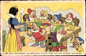 Bild des Verkufers fr Ansichtskarte / Postkarte Walt Disney, Schneewittchen, Zwerge, Tisch, Topf, Essen zum Verkauf von akpool GmbH
