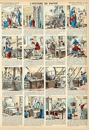 "L'HISTOIRE DU PAPIER" Imagerie d'Epinal originale n° 3819 entoilée / Gravure sur bois et colorié...