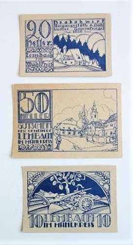 Notgeld Lembach im Mühlkreis. Vollständige Serie mit 3 Scheinen in Blau (10, 20, 50 Heller). - En...