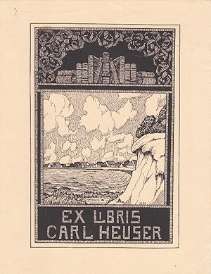 Bild des Verkufers fr Ex Libris Carl Heuser. Kstenlandschaft mit Husern, oben ein Bcherbord. zum Verkauf von Antiquariat  Braun