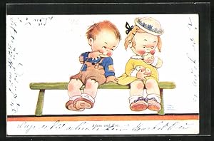 Seller image for Knstler-Ansichtskarte Mabel Lucie Attwell: Adam und Eva, Erstes Kennenlernen beim Apfel essen for sale by Bartko-Reher