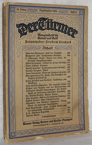 Seller image for Der Trmer. Monatsschrift fr Gemt und Geist. 28. Jahrg. Heft 12. September 1926. M. 3 Kunstbeilagen. Bilder von Georg Broel. for sale by Antiquariat Reinsch