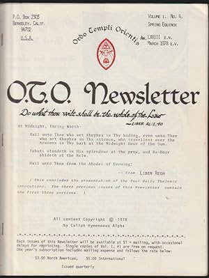 Imagen del vendedor de O.T.O. Newsletter Vol. I, No. 4 - Spring Equinox AN. LXXIII E.N. March 1978 E.V. [Ordo Templi Orientis] a la venta por Gates Past Books Inc.