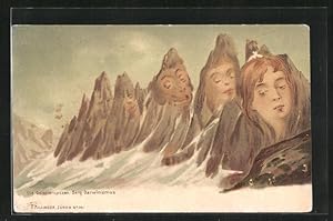 Künstler-Ansichtskarte Killinger Nr. 141: Die Geisslerspitzen, Berg-Darwinismus, Berg mit Gesicht...
