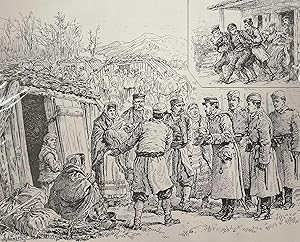 Seller image for Montenegrin Emigrants in Servia; Refusing to Occupy Government Huts. An original print from the Illustrated London News, 1889. for sale by Cosmo Books