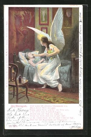 Lithographie Elterngrab, Engel am Sterbebett mit Blumen