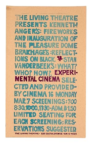 Imagen del vendedor de Experimental cinema: The Living Theatre presents Kenneth Anger's: Fireworks and Inauguration of the Pleasure Dome / Brakhage's: Reflections on black / Stan VanDerBeek's: What? Who? How? a la venta por Jason Rovito, Bookseller