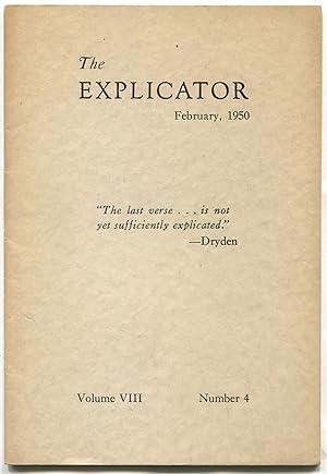 Bild des Verkufers fr The Explicator - Volume VIII, Number 4, February, 1950 zum Verkauf von Between the Covers-Rare Books, Inc. ABAA