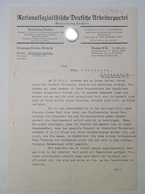 Bild des Verkufers fr Original-Schreiben vom 9. Oktober 1940 wegen Nachbarschaftsstreitigkeiten unter Volksgenossen zum Verkauf von Galerie fr gegenstndliche Kunst
