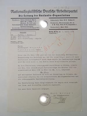 Bild des Verkufers fr Original-Schreiben des Schatzmeisters Grewe vom 1. April 1938 zum Verkauf von Galerie fr gegenstndliche Kunst