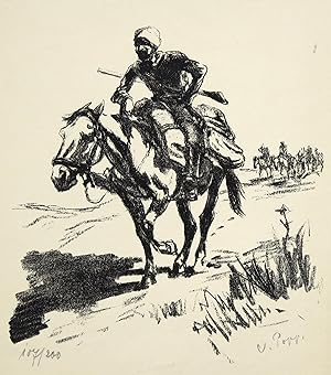 Mit Gewehr bewaffneter Reiter (Araber) zu Pferde.