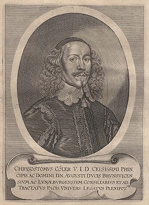 Bild des Verkufers fr Chrysostomus Koeler (Hildesheim 28. 10. 1607 - 11. 05. 1664 Wolfenbttel). Jurist, frstlich braunschweig-lneburgischer Geheimer Rat, Hofrat und Vizekanzler (ab 1661). Gesandter des Herzogs August zu Braunschweig-Wolfenbttel zu den Friedensverhandlungen nach Mnster und Osnabrck. Brustbild im Oval,. zum Verkauf von Antiquariat Clemens Paulusch GmbH