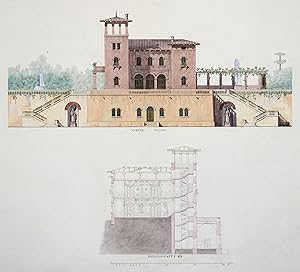 Original-Zeichnung ( Entwurf / deutsch ) einer Villa im italienischen Stil: Seitenansicht/Fassade...
