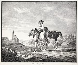 Bild des Verkufers fr Landschaft mit 2 Pferden und einem Reiter vor einem Dorf ( ohne Titel ). zum Verkauf von Antiquariat Clemens Paulusch GmbH