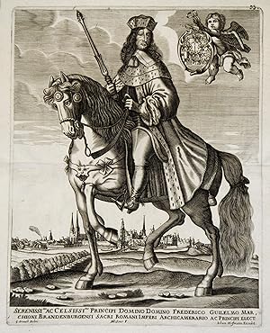 Bild des Verkufers fr (Clln an der Spree (Berlin) 16. 02.1620 - 29. 04. 1688 Potsdam). Kurfrst v. Brandenb. - Regent von 1640-1688. ltester Sohn u. Nachfolger von Kurfrst Georg Wilhelm (1595-1640) u. Elisabeth Charlotte, Pfalzgrfin von Simmern (1597-1660). 1646 mit Luise Henriette von Oranien-Nassau (1627-1667). 1668 mit Dorothea von Holstein-Glcksburg (1636-1689). Eigentlicher Begrnder des brandenb.-preuss. Staates: erwarb 1648 Hinterpommern, die Bistmer Halberstadt u. Minden sowie die Anwartschaft auf Magdeburg, lste 1660 das Herzogtum Preussen aus der Lehnsabhngigkeit von der polnischen Krone, siegte 1675 bei Fehrbellin ber die Schweden. Reiterportrait vor Berlin. Mit Hermelinmantel, in der rechten Hand ein Szepter, rechts oben ein Putto mit Wappen. ". Domino Frederico Guilelmo Marchioni Brandenburgensi .". zum Verkauf von Antiquariat Clemens Paulusch GmbH