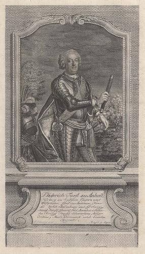 Bild des Verkufers fr Dietrich, Prinz von Anhalt-Dessau (Dessau 02. 08. 1702 - 02. 12. 1769 Dessau). Regent von Anhalt - Dessau und preussischer Generalfeldmarschall. Kniestck mit Rstung,. zum Verkauf von Antiquariat Clemens Paulusch GmbH