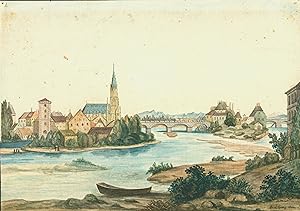 Stadt mit Kloster am Fluss.