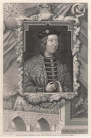 Bild des Verkufers fr Edward IV aus dem Hause York (Rouen 28. 4. 1442 - 9. 4. 1483) war Knig von England von 1461 - 1470 und 1471 - 1483. Brustbild im Zierrahmen mit Krone und Wappenschildern sowie Attributen. zum Verkauf von Antiquariat Clemens Paulusch GmbH