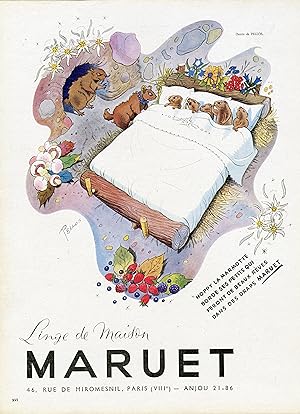 "LINGE de MAISON MARUET" Annonce originale entoilée illustrée par PELLOS pour PLAISIR DE FRANCE (...