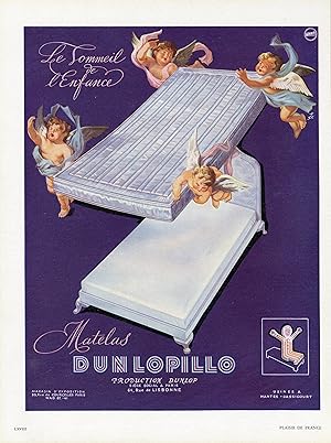 "MATELAS DUNLOPILLO" Annonce originale entoilée parue dans PLAISIR DE FRANCE illustrée par SAVIGN...