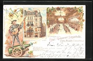 Lithographie Essen a. d. Ruhr, Hotel Restaurant Sängerhalle, Carl Ruoff, Sänger auf Sekt-Kanone