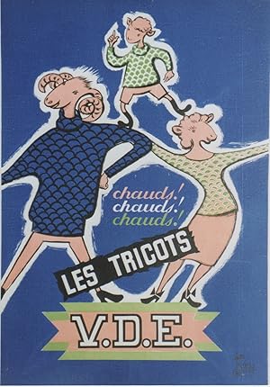 "TRICOTS V.D.E." Affiche originale entoilée / Litho par Théo SCHMIED / PUBLI BJET Paris (années 50)