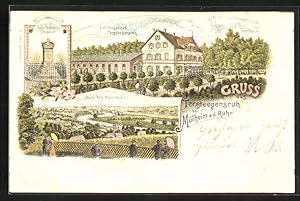 Lithographie Mülheim a. d. Ruhr, Erholungshaus Tersteegenruh, Gerh. Tersteegen-Denkmal, Panorama