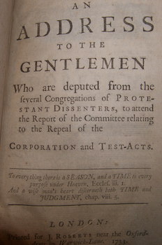 Image du vendeur pour An Address To The Gentlemen Who Are Deputed From The Several Congregations of Protestant dissenters, to attend the report of the Committee relating to the repeal of the corporation and test-acts. mis en vente par Wittenborn Art Books