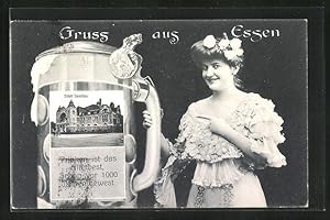 Ansichtskarte Essen, Gasthaus Städt. Saalbau, Frau mit Bierkrug