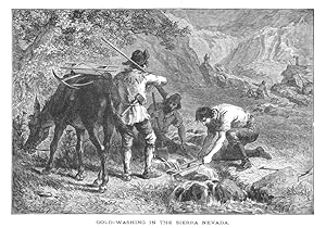 PROSPECTERS GOLD WASHING IN THE SIERRA NEVADA,1887 Wood Engraved Historical Print
