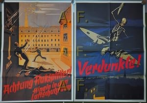 Luftschutz im Zweiten Weltkrieg. Plakat "Verdunkle!" + Plakat "Achtung Flaksplitter! Hinein in de...