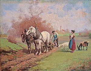 Bauern mit Pferdepflug beim Bestellen des Ackers