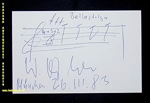 Bild des Verkufers fr eigenhndig signierte und datierte Autogrammkarte mit einer Notenzeile betitelt "Bellastriga". zum Verkauf von Antiquariat Bebuquin (Alexander Zimmeck)