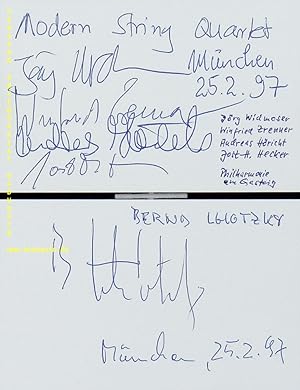 Bild des Verkufers fr LHOTZKY, Bernd + WIDMOSER + ZRENNER + HRICHT + HECKER. 2 eigenhndig signierte und datierte Autogrammkarten (Lhotzky + Stringband). zum Verkauf von Antiquariat Bebuquin (Alexander Zimmeck)