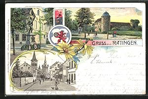 Lithographie Ratingen, Lintorferstrasse, Haus zum Haus, Kriegerdenkmal