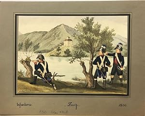 Bild des Verkufers fr Zug Militr Infanterie 1800. Wohl Fotolithographie, aquarelliert. zum Verkauf von Antiquariat Joachim Lhrs