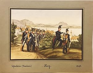 Bild des Verkufers fr Zug Militr Infanterie (Fseliere) 1848. Wohl Fotolithographie, aquarelliert. zum Verkauf von Antiquariat Joachim Lhrs