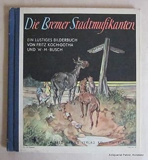 Immagine del venditore per Die Bremer Stadtmusikanten. Ein altes deutsches Mrchen neu erzhlt. 30. Tsd. Hamburg, Hahn, ca. 1970. Mit farbigem Titelbild, 14 ganzseitigen farbigen u. weiteren s/w Illustrationen von Fritz Koch-Gotha. 15 Bl. Farbiger Or.-Hlwd.; minimal fleckig. (Verl.-Nr. 36). - Vorsatz mit kl. Besitzvermerk. venduto da Jrgen Patzer