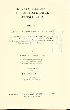 Bild des Verkufers fr Das Staatsrecht der Bundesrepublik Deutschland Band III/2 Allgemeine Lehren der Grundrechte zum Verkauf von avelibro OHG