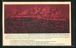 Künstler-Carte postale Carcassonne, Darstellung der Stadt in Flammen